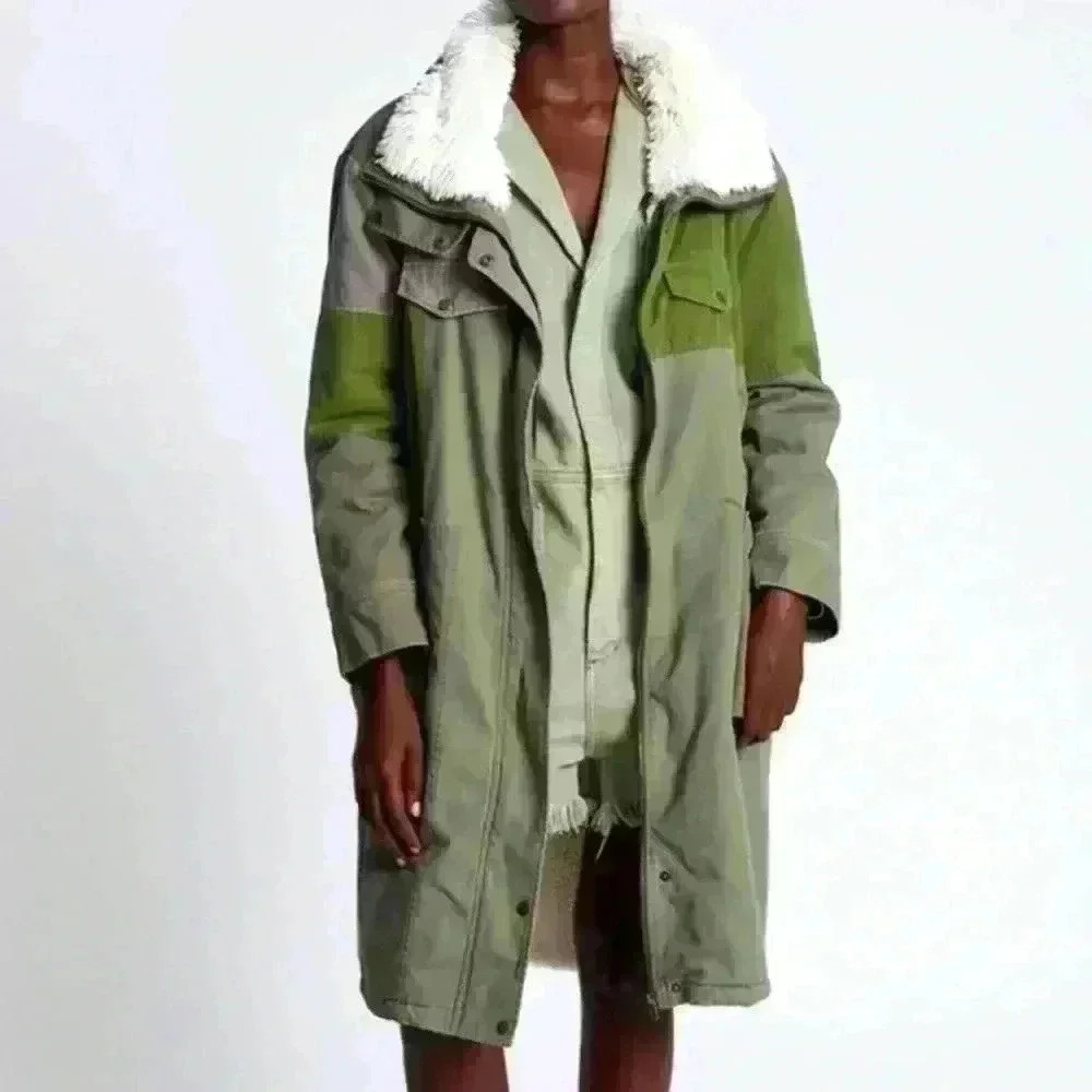 One Teaspoon Patchwork Green Fur Coat Edgy Rock‎ n Roll Festival Bohemian